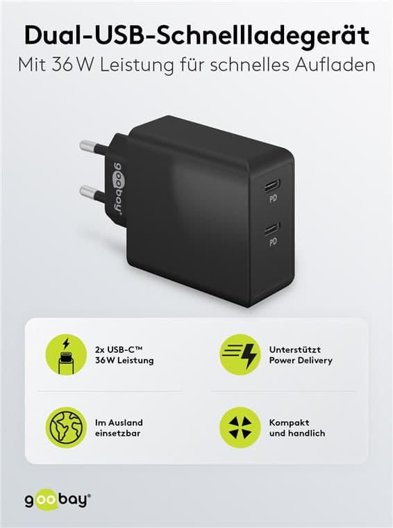 Dobbel USB-C™ PD hurtiglader (36 W) svart