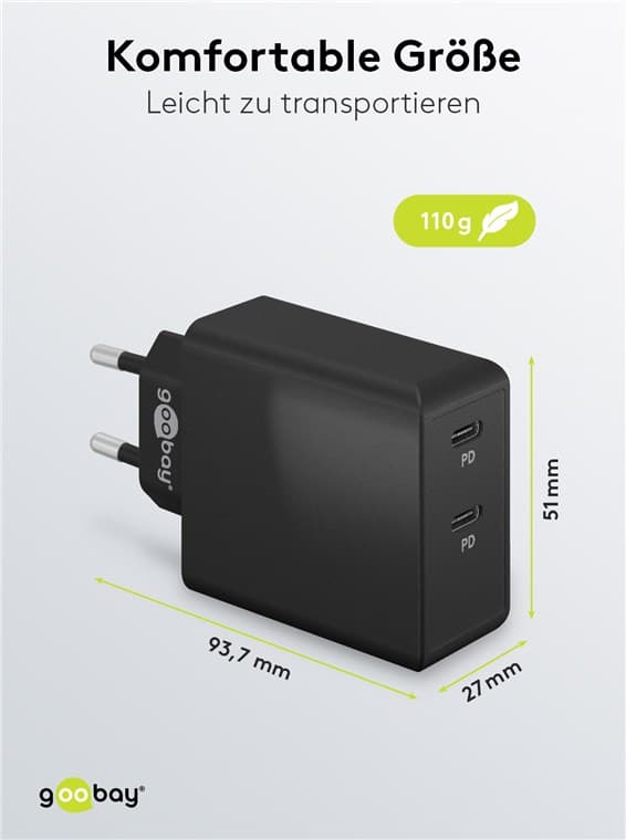 Dobbel USB-C™ PD hurtiglader (36 W) svart