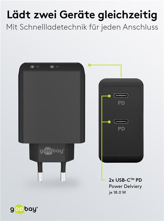 Dobbel USB-C™ PD hurtiglader (36 W) svart