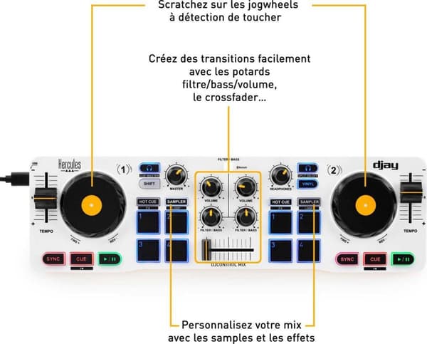 Hercules DJControl Control MIX Bluetooth älypuhelimille ja Android-tableteille, 2 kanavaa, musta, valkoinen, keltainen
