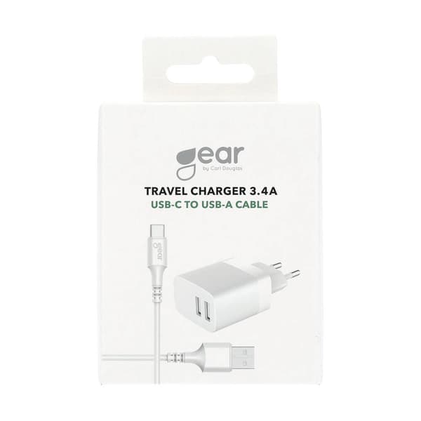 Oplader 220V 2xUSB-A 3.4A Hvid USB-C 2.0 kabel 1m