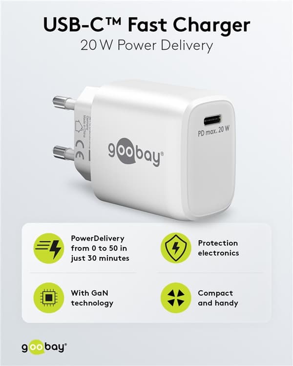 USB-C™ PD GaN hurtigoplader (20 W) hvid