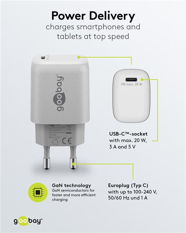 USB-C™ PD GaN hurtigoplader (20 W) hvid