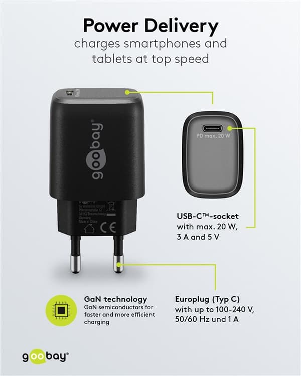 USB-C™ PD GaN -pikalaturi (20 W) musta