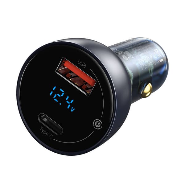 Ładowarka samochodowa Baseus Particular Digital Display med wyświetlaczem, USB + USB-C, QC3.0+PD, 5A, 65W (szara) + kabel USB-C 1m 100W (czarny)