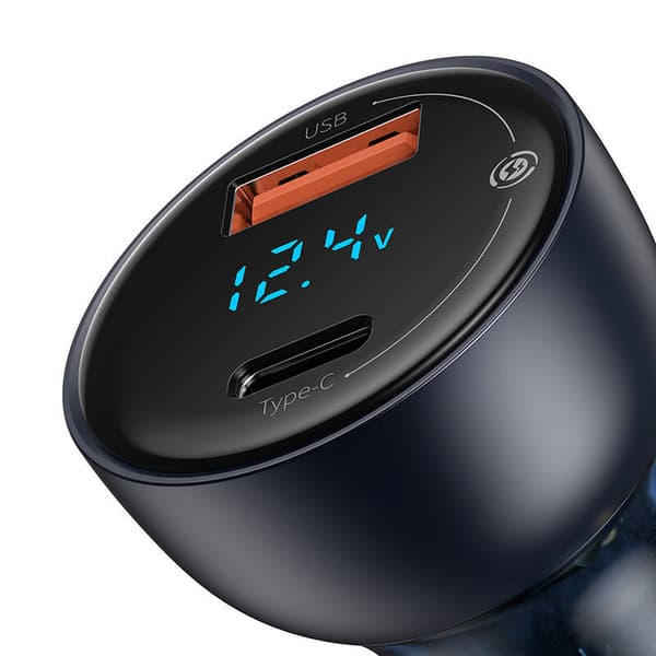 Ładowarka samochodowa Baseus Particular Digital Display med wyświetlaczem, USB + USB-C, QC3.0+PD, 5A, 65W (szara) + kabel USB-C 1m 100W (czarny)