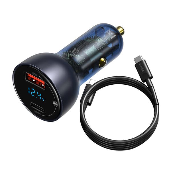 Ładowarka samochodowa Baseus Particular Digital Display med wyświetlaczem, USB + USB-C, QC3.0+PD, 5A, 65W (szara) + kabel USB-C 1m 100W (czarny)