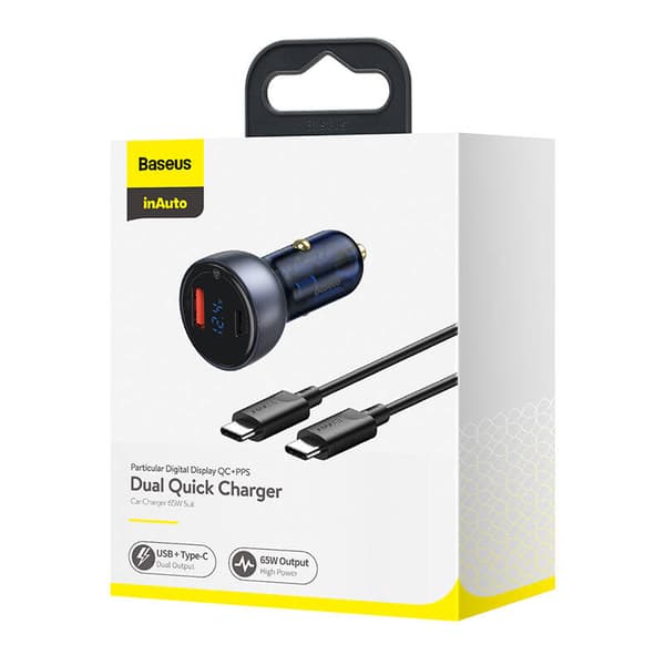 Ładowarka samochodowa Baseus Particular Digital Display med wyświetlaczem, USB + USB-C, QC3.0+PD, 5A, 65W (szara) + kabel USB-C 1m 100W (czarny)