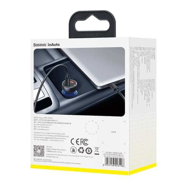 Ładowarka samochodowa Baseus Particular Digital Display med wyświetlaczem, USB + USB-C, QC3.0+PD, 5A, 65W (szara) + kabel USB-C 1m 100W (czarny)