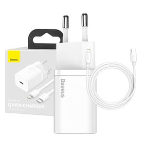 Baseus Super Si Hurtiglader 1C 20W med USB-C-kabel for Lightning 1m (hvit) Hvit