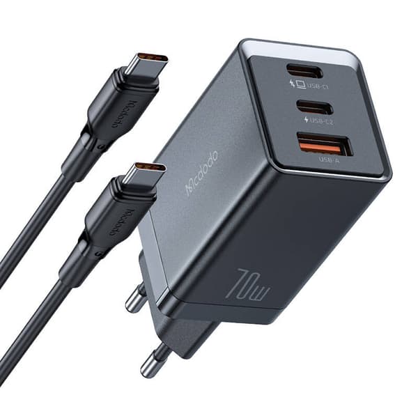 GaN Mcdodo CH-1543 nettverkslader, 2x USB-C, 1x USB, 67W + USB-C til USB-C 2m kabel (svart)