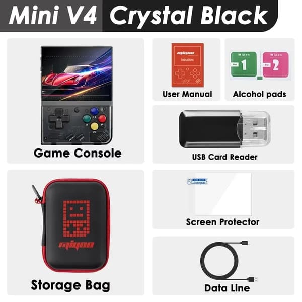 Miyoo Mini V4, 11.000+ Spil, 2,8" IPS Skærm,Ingen kort(0 spil), Sort med taske