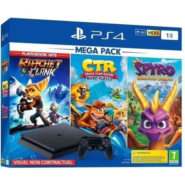 Sony PlayStation 4 Slim 1TB + Controller + CTR + Spyro Reignited Trilogy + Ratchet & Clank - Svart - Renoverad - Utmärkt skick- REFURBISHED
