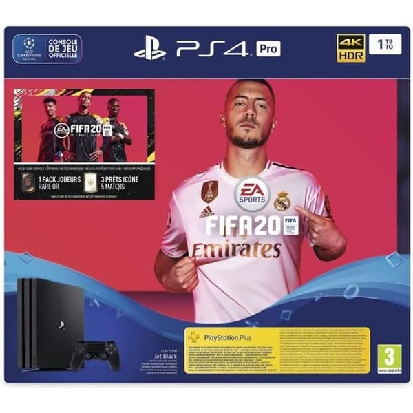 PS4 Pro Console 1TB Black/Jet Black + FIFA 20 + 14 dagars PlayStation Plus-testversion - Officiell PlayStation
