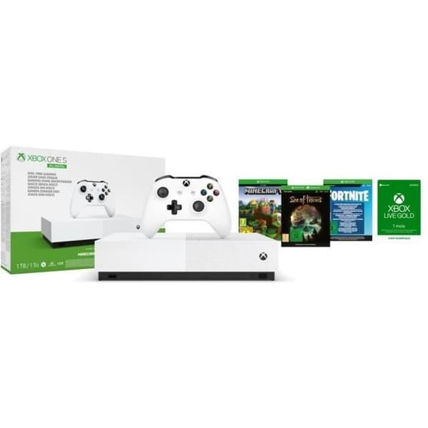 Xbox One S All Digital + 3 dematerialiserade spel: Fortnite, Sea of Thieves och Minecraft + Xbox Live Gold Prenumeration 1 månad