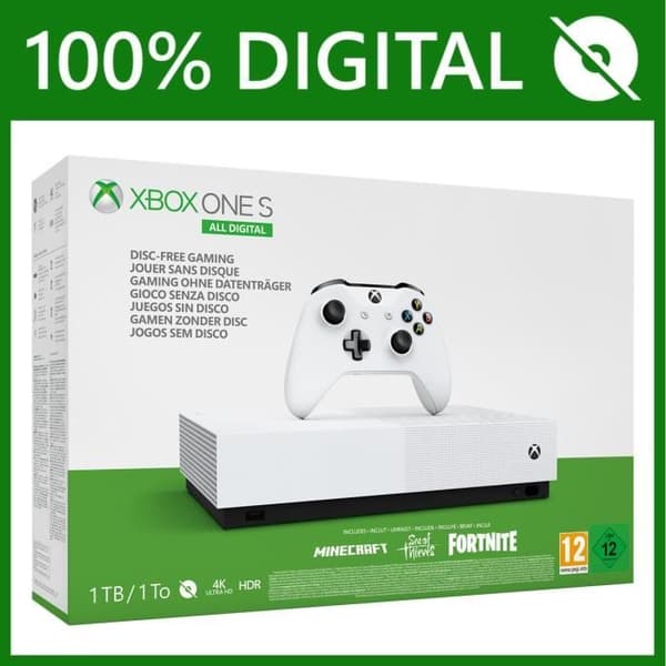 Xbox One S All Digital + 3 dematerialiserade spel: Fortnite, Sea of Thieves och Minecraft + Xbox Live Gold Prenumeration 1 månad