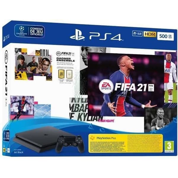 PS4 Slim 500 GB konsol Svart/Jet Black + FIFA 21 PS4-spel + FUT-kupong + 14 dagars PS Plus - PlayStation Official- USED
