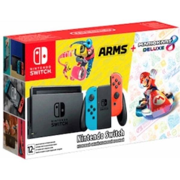 Blå och röd SWITCH konsol + Mario Kart SWITCH + Arms SWITCH