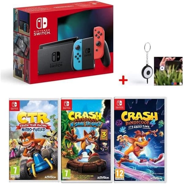 Nintendo Switch Neon-konsol + 3 Crash Bandicoot-SPEL + gratis LED-blixt