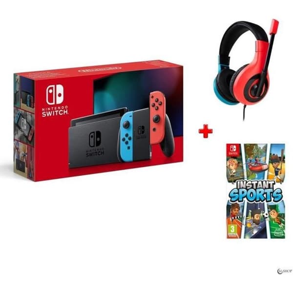 Spelkonsol - Nintendo - Switch - Röd och svart - Paket med headset och spelet Instant Sports