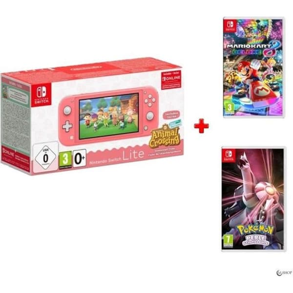 Pack Nintendo Switch Lite Coral Animal Crossing + Mario Kart 8 DELUXE + Pokémon Sparkling Pearl