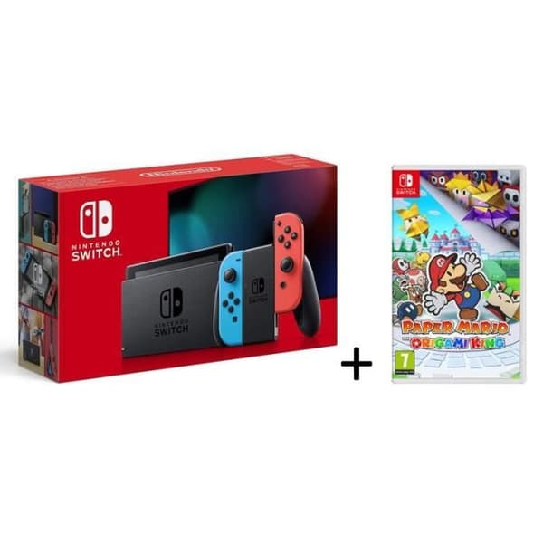 Nintendo Switch Röd/Neonblå 32GB [Ny modell V2] + Paper Mario The Origami King Switch-spel