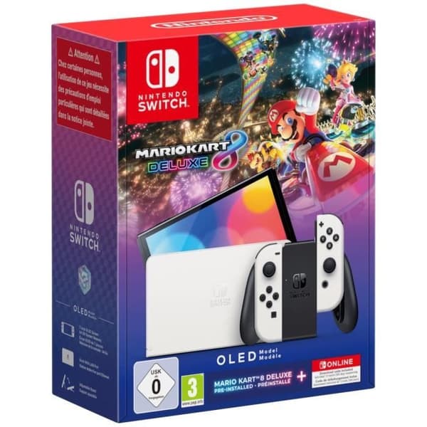 Nintendo Switch-konsol - OLED-modell • Vit + Mario Kart 8 Deluxe (Förinstallerad) + 12 månaders NSO-prenumeration (Kod)- USED