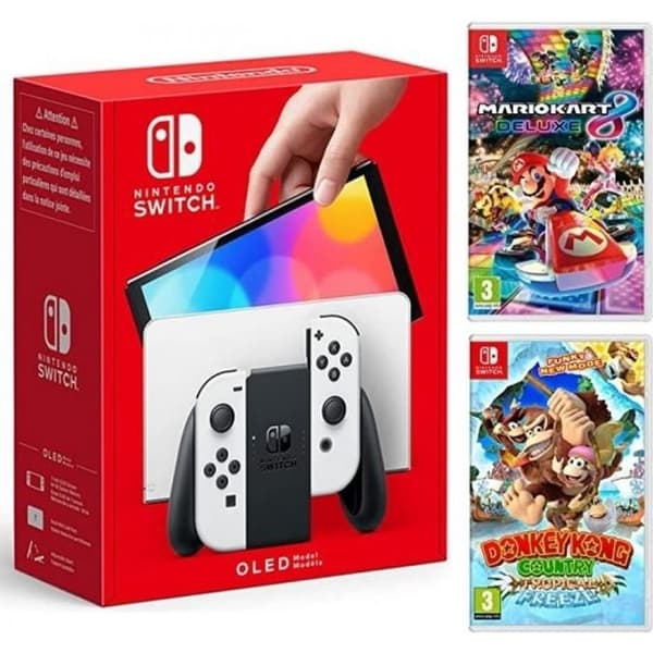 Nintendo Switch Console Pack Vit OLED-modell + Mario Kart 8 Deluxe + Donkey Kong Topical frys + Nintendo Eshop 3 månader- USED