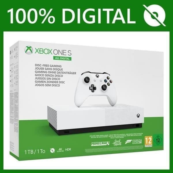 Xbox One S All Digital 1 TB + 3 Dematerialiserade spel (Minecraft, Sea of Thieves och Forza Horizon 3)- USED
