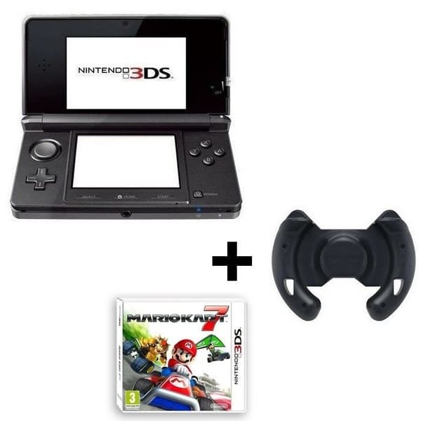 Cosmos Black Nintendo 3DS handhållen konsol med Mario Kart 7 3D och Racing-ratt- USED
