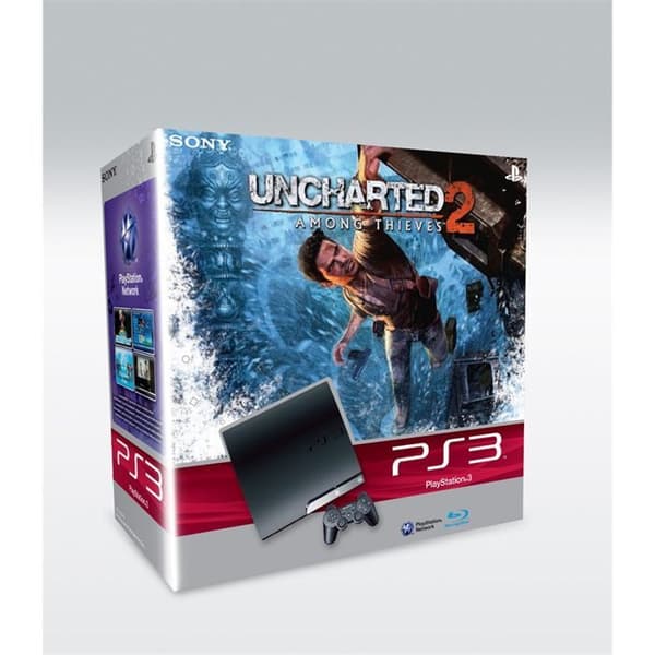 Sony PS3 Slim 250 GB-konsol + Uncharted 2 Among Thieves - Full HD, Blu-Ray, 1 års garanti- USED