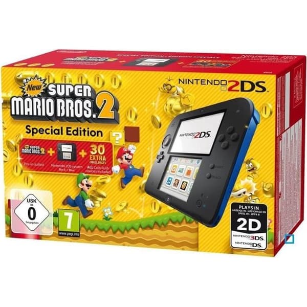 Nintendo 2DS-konsol • Black &amp; Blue + New Super Mario Bros.2 (förinstallerad)- USED