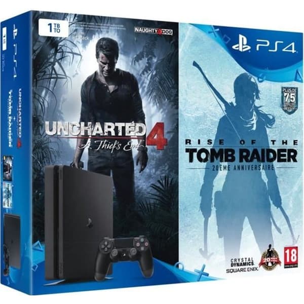SONY COMPUTER Pack PS4 Slim 1 TB + 2 spel: Uncharted 4 &amp; Rise of The Tomb Rider- USED