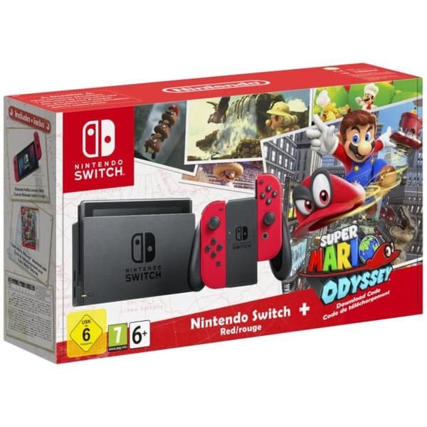 Nintendo Switch-konsol • Red Limited Edition + Super Mario Odyssey (kod)- USED