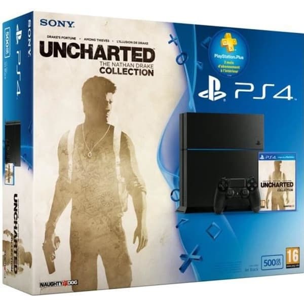 Pack PS4 500 GB Black + Uncharted Collection + PS+ 3 månader - Sony - Hemkonsol - Svart - 500 GB - Bundle- USED