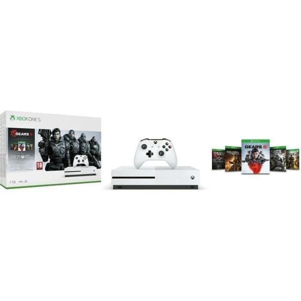 Xbox One S 1TB + 5 Gears of War-spel + 1 månads Xbox Live Gold testversion + 1 månads Xbox Game Pass testversion- USED