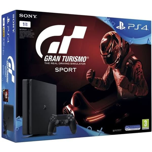 Console PS4 Slim 1TB Black/Jet Black + Gran Turismo Sport + Vem är du? (PlayLink-nedladdningsspel) - Officiell PlayStation- USED