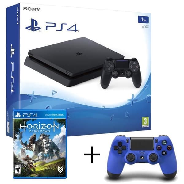 PS4 Slim 1to + Dualshock 4 blå handkontroll erbjuds + Horizon zero- USED