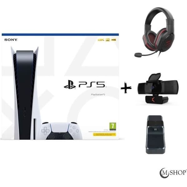 Pack Playstation 5 - Skillkorp - Standardutgåvan - Laddare för 2 kontroller - Webcam W-10 - Hörlurar SKP H6- USED