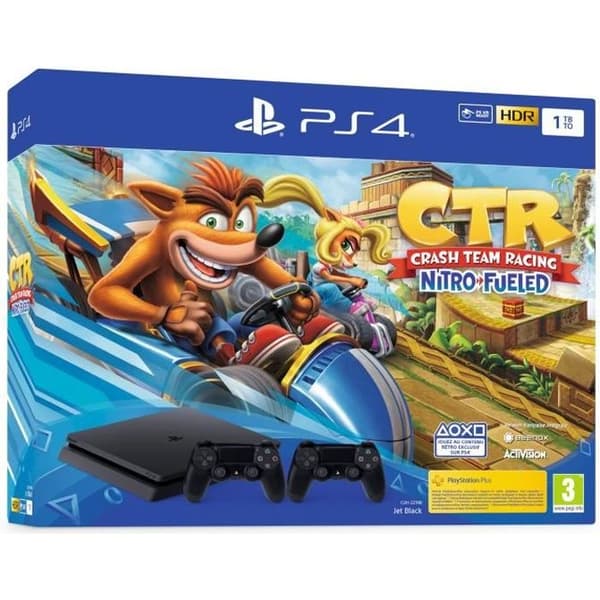 Console PS4 Slim 1TB Black/Jet Black + Crash Team Racing Nitro Fueled + 2nd DualShock Controller Black - Officiell PlayStation- USED