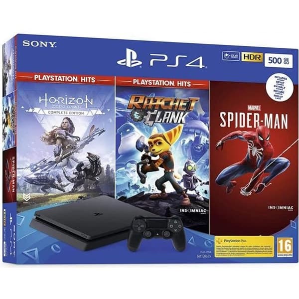 Vardagsrumskonsol - Sony - PS4 Slim - 500 GB - Svart - Horizon Zero Dawn - Spider-Man - Ratchet &amp; Clank- USED