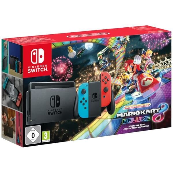 Nintendo Switch-konsol • Neonblå &amp; Neonröd + Mario Kart 8 Deluxe (kod)- USED