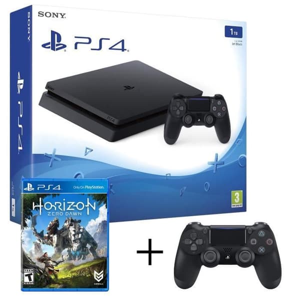 PS4 Slim 1to + Dualshock 4 BLACK handkontroll erbjuds + Horizon zero- USED