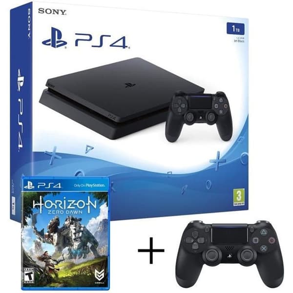 PS4 Slim 1to + Dualshock 4 BLACK handkontroll erbjuds + Horizon zero- USED