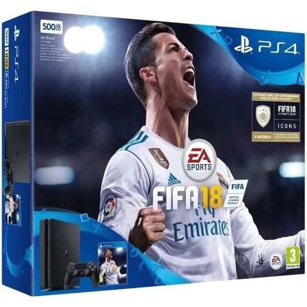 Sony PlayStation 4 Slim 500 Go-konsol + Controller + Fifa 18 - Svart - Renoverad - Bra skick- USED