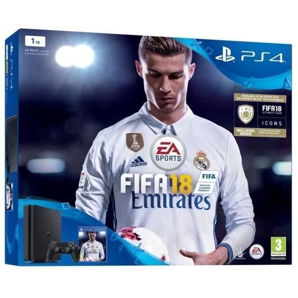 Sony PlayStation 4 Slim 1TB-konsol + handkontroll + Fifa 2018 - Svart - Renoverad - Utmärkt skick- USED