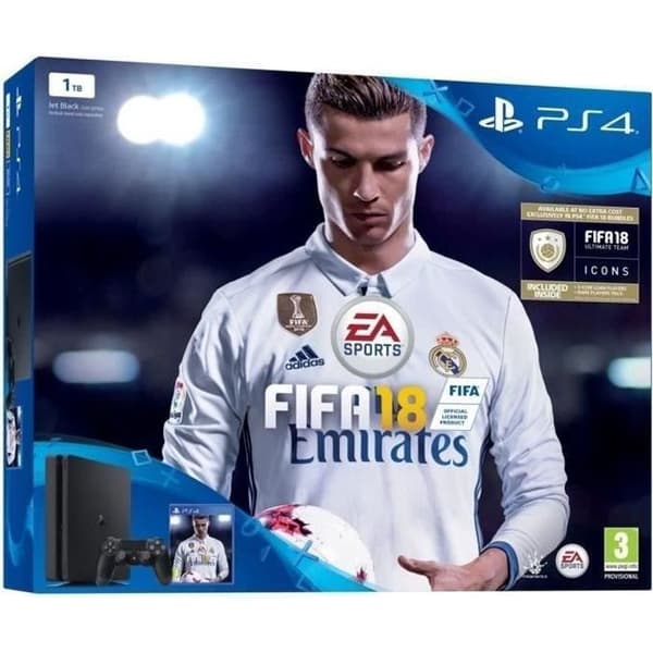 Sony PlayStation 4 Slim 1 TB-konsol + Controller + Fifa 2018 - Svart - Renoverad - Mycket bra skick- USED