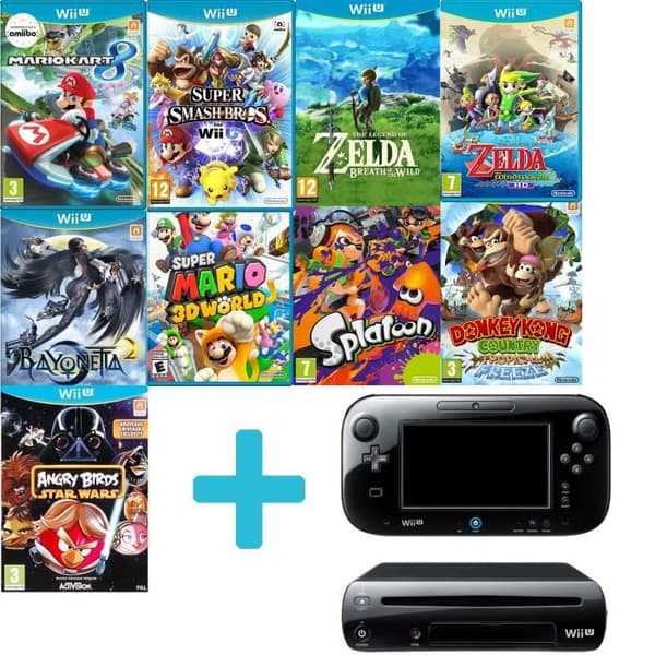 Nintendo Wii U Black Console - Bundle 9 Games - 32 GB - Nintendo-licenser- USED