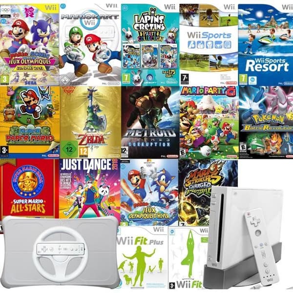 Hemkonsol - Nintendo Wii - Vit - Paket med 16 spel, Wii Fit Balance och ratt- USED