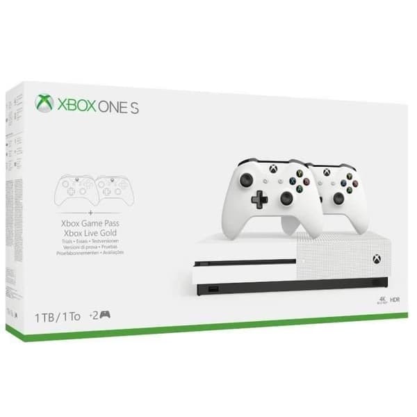 Microsoft Xbox One S 1 TB-konsol + 2 vita kontroller - Renoverad - Utmärkt skick- USED